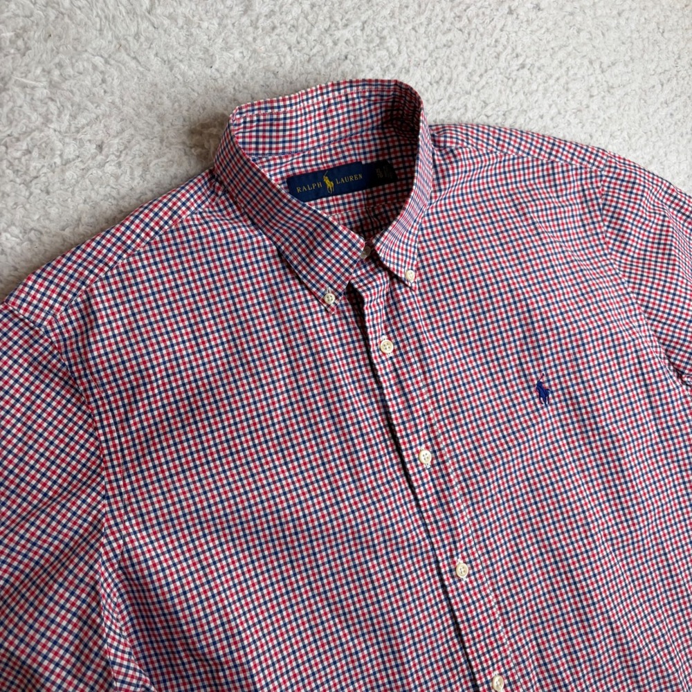 Ralph Lauren Mens XL Gingham Check Short Sleeve Button Down Shirt Red White Blue